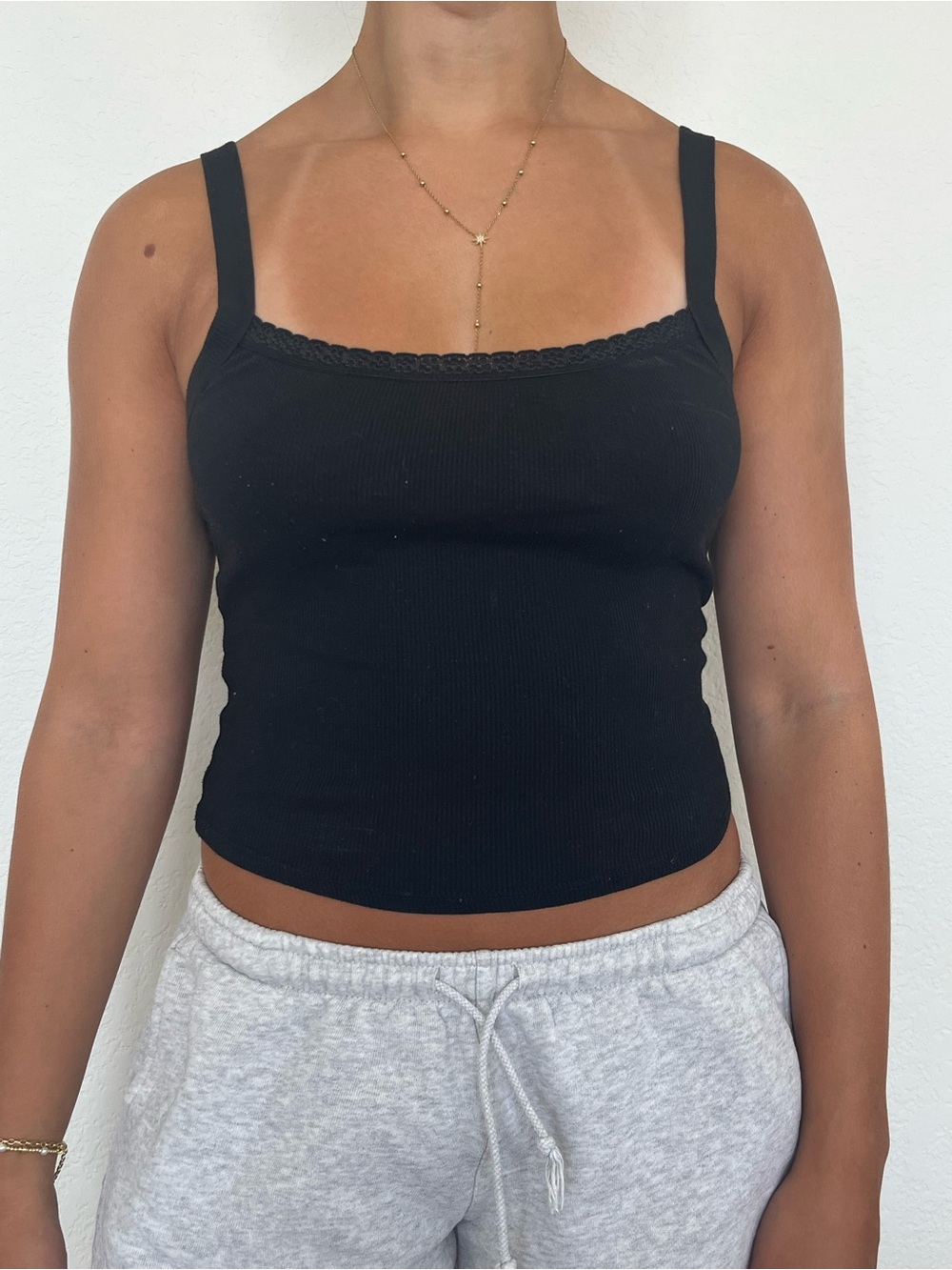 Black Lace-Trim Ribbed Crop Tank Top